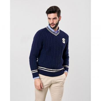Jersey Spagnolo azul marino con punto fantasía y cuello pico