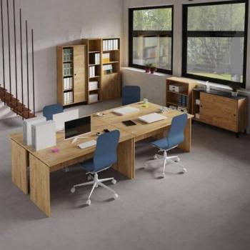 Pack Muebles de Oficina Melamina Madera Claro - Incluye 4 Escritorios de 155 cm, 2 Estanterías de Diferentes Tamaños, Aparador y 2 Librerías en Color Roble Gold
