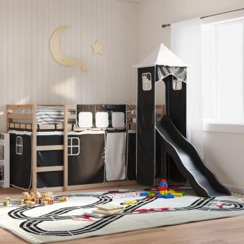 Litera con portaobjetos y tobogán y cortinas blancas y negras 90x200 cm Vidaxl Negro