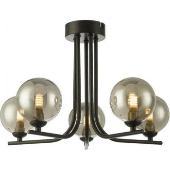 Plafón Cradle Negro Satinado con Cristal Ahumado, 5 Bombillas, Diámetro de 28 cm