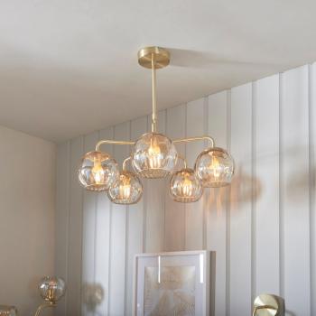 Lámpara colgante Dimple 3 bombillas en acero y cristal plano con acabado en latón satinado y copa de vidrio lustre champagne