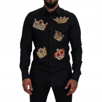 Dolce & Gabbana Black Gold Crown Slim Fit Dress Formal Shirt - IT41 | L, Casual Shirts, male, Black, Size: XL
