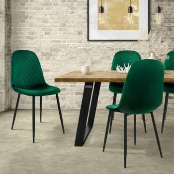 Juego de 4 sillas de comedor tapizadas en terciopelo verde oscuro con respaldo y patas de metal
