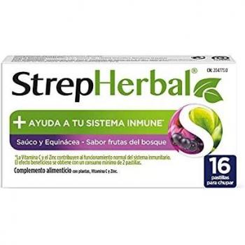 StrepHerbal Saúco y Equinácea con Vitamina C y Zinc para el sistema Inmunitario, Sabor Frutas del Bosque - 16 pastillas para chupar