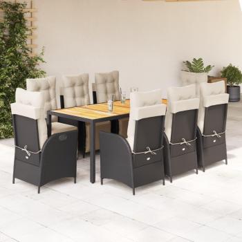 9-Piece Black Poly Rattan Garden Dining Set with Cushions