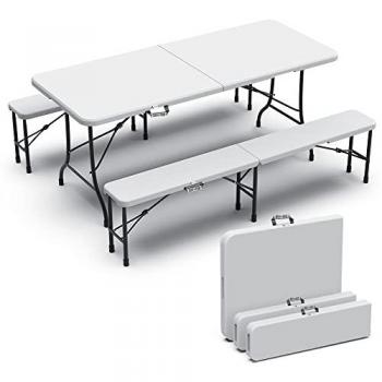 Conjunto Plegable Mesa y 2 Bancos de HDPE 180 cm para Picnic Camping Exterior, Blanco
