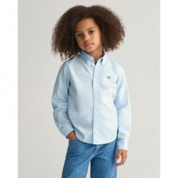 Camisa Oxford Shield Kids azul Gant para niños, de manga larga con insignia decorativa