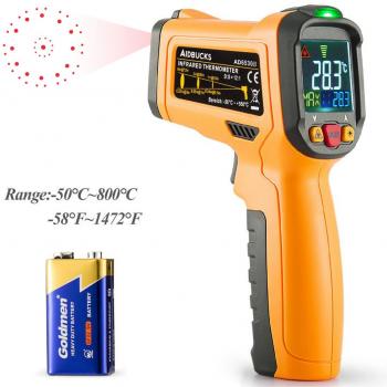 Termómetro infrarrojo Janisa sin contacto, con pantalla en color, temperatura de - 50 a + 800 °C, con apertura de 12 puntos, función de alarma