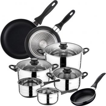 San Ignacio Cune Batería de Cocina 8 Piezas (2 cazos, 3 ollas con tapa de vidrio) + Set de 3 Sartenes Ø16/20/24 cm Inducción