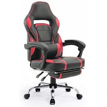 Silla gaming Happy Garden en polipiel negra y roja, con diseño ergonómico, reposabrazos ajustables, sistema de inclinación, base de metal resistente y ruedas giratorias