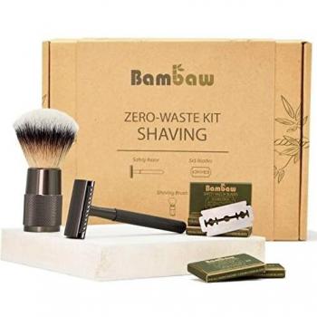 Kit De Afeitado Para Hombre y Mujer | Brocha De Afeitar Sintética, Maquinilla De Afeitar, Cuchillas De Afeitar | Caja Regalo Productos Veganos | Depilación Ecológica | Kit De Afeitado Clásico Bambaw