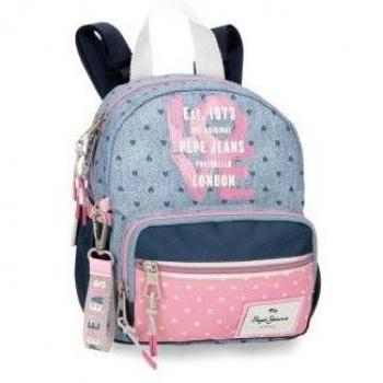 Mochila Escolar Pepe Jeans Noni Denim con Bolso Frontal, Porta-Chaves Decorativo y Diseño Multicolor