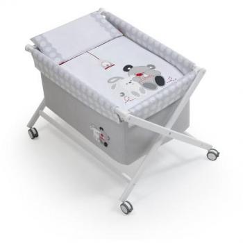 Minicuna Tijera madera mibebestore Transparente, incluye Textil exterior + Colchón + Colcha + Almohada