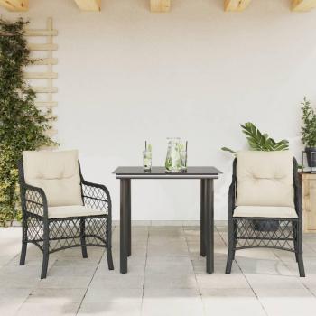 3-Piece Black Poly Rattan Bistro Set with Cushions