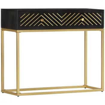 Mesa consola de madera maciza de mango 90x30x75cm, mueble de almacenaje moderno con armarios y cajón, acabado negro y dorado