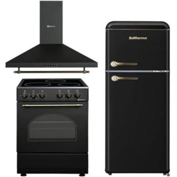 Combo Pack Cocina Vitrocerámica 3 Fuegos 60x60 Negra Rústica + Campana Decorativa 60cm Negra + Frigorífico Retro Negro 1,47m