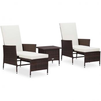 3-Piece Brown Poly Rattan Garden Lounge Set with Cushions