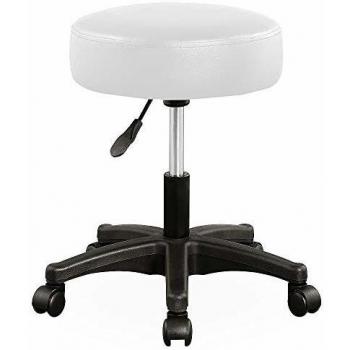Taburete Giratorio Blanco de Piel Sintética 360° Ajustable Altura 46-60cm con Ruedas y Asiento Acolchado 10cm
