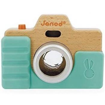 Janod Cámara de Fotos Primera Infancia-Juguete de Imitación Madera-Luz y Sonido-Juego Estímulo Sentidos y Motricidad-Funda Silicona-Pintura al Agua-A Partir de 18 Meses, J05381, Color Bleu