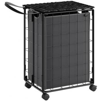 Cesto de ropa sucia 90 L con bolsa extraíble y tapa, ideal para lavandería, dimensiones 57x33x65 cm, color negro tinta y gris pizarra