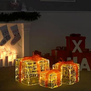 Caja Decorativa de Regalo de Navidad 3 Pzas Acrílico con Luces en Color Blanco Cálido, Azul y Multicolor