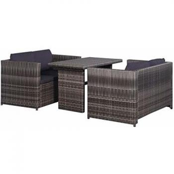 3-Piece Grey Poly Rattan Bistro Set with Cushions