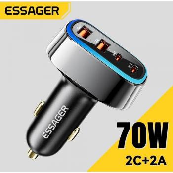 Cargador de Coche Essager 70W 4 en 1 Super Rápido PD3.0 QC3.0 para iPhone 14/13/12 Pro Max con Adaptador de Encendedor de Cigarrillos