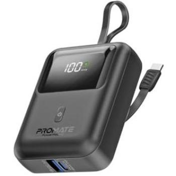 Powerbank Promate PowerPod-10 10000mAh USB-C 35W y USB-A QC 18W con Cable Integrado Negro