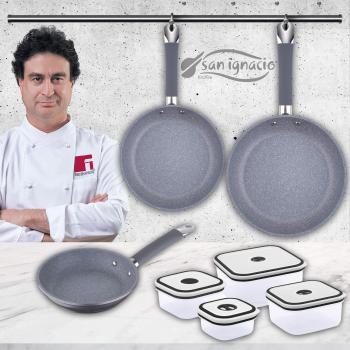 San Ignacio Set de 3 sartenes Premium + 4 recipientes herméticos, Pack Travel