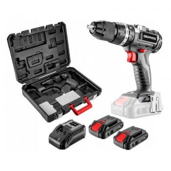 Taladro percutor inalámbrico Graphite Energy+ 18V, 2 baterías de 2Ah, cargador y maletín, sin escobillas, 13 mm
