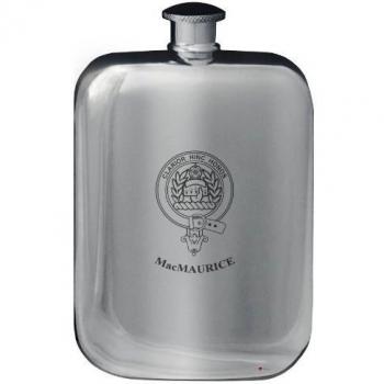 MacMaurice Family Crest Design Pocket Hip Flask 6oz Rounded Polished Pewter