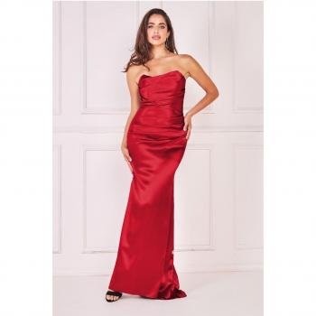 Goddiva Satin Bandeau Maxi Dress - Red