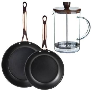 Juego de 2 Sartenes Bergner Ø20Ø24cm Aluminio Forjado Negro Mate + Delantal de Cocina Gris Oscuro 100% Algodón + Cafetera de Émbolo de Vidrio Borosilicato