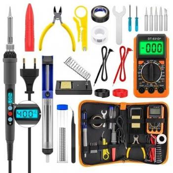 Kit de Soldador Eléctrico 27 PCS 60W Soldadores de Estaño 180-500℃ Pistola de Soldadura con Soporte 6 Puntas Multímetro Digital Alambre de Soldadura Pinzas Cortador Bolsa de Herramientas etc