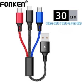 Cable Fonken 30 cm 3 en 1 USB de carga rápida 2.4A para iPhone y Huawei tipo C