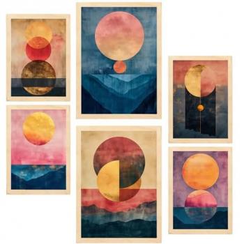 Set de 6 Pósters Abstractos de Lunas Doradas para Decorar Paredes del Hogar - Ilustraciones en A3 y A4 sin Marco