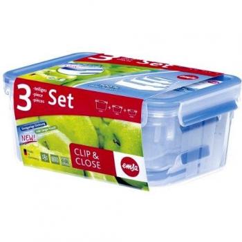 Emsa Clip & Close Set de 3 Contenedores Herméticos Rectangulares, Transparente con Detalles Azules, 3 Piezas