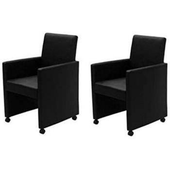 vidaXL 2x Sillas de Comedor con Reposabrazos y Ruedas Cuero Artificial Negro