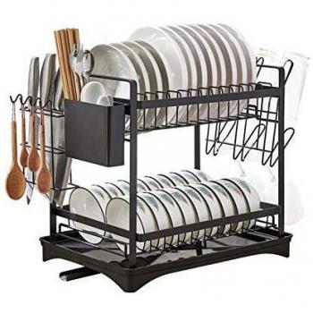 LZDMY Escurridor de Platos con Bandeja de Goteo,Negro 2 Niveles Rejilla para Platos con Bandeja, Escurridor Platos para Almacenamiento y Organización en Cocina
