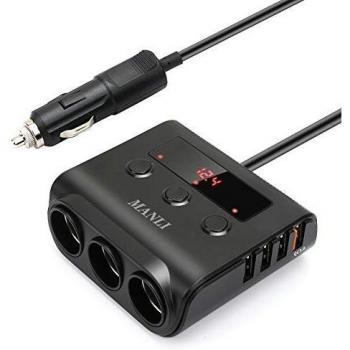 MANLI - Adaptador de carga rápida 3.0 para encendedor de cigarrillos, 12 V/24 V, 100 W, 3 enchufes, cargador de coche con 4 puertos de carga USB y voltímetro LED, cargador de coche