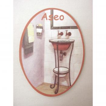PLACA MADERA ADHESIVA CARTEL PUERTA LETRERO OVAL BAÑO ASEO SERVICIO WC LAVABO FORJA