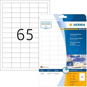 Etiquetas para Congelados HERMA 4388, 38,1 x 21,2 mm, Blancas, A4, Autoadhesivas, Mate, Pack de 1625 Etiquetas