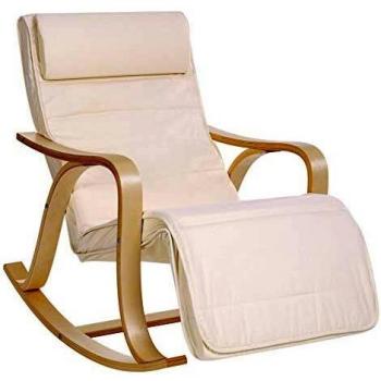 Sillón Mecedor Ajustable de Madera de Abedul con Reposapiernas y Funda Lavable, Capacidad de Carga 150 kg, Color Beige