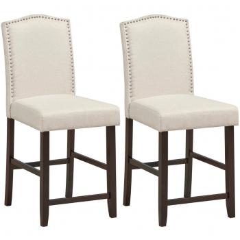 Taburetes de Bar Costway con Clavos Decorativos, Sillas de Comedor con Cojín Espeso y Muelles, Patas de Madera, Color Beige, Dimensiones 46 x 56 x 104 cm