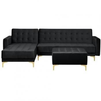 Sofá Esquinero Modular de Terciopelo Negro con Cama y Otomana Chaise Longue Derecho 4 Plazas Aberdeen