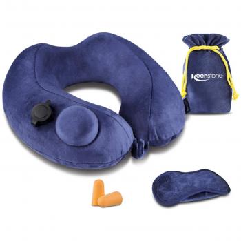 Cojín de Viaje, Keenstone Almohada de Viaje Almohada Cervical, Inflable, ergonómica y Ultra Suave, Kit de Confort para Dormir, automóvil, hogar - con Tapones para los oídos, máscara para los Ojos