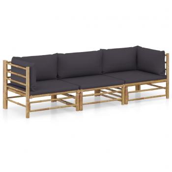 3-Piece Bamboo Garden Lounge Set with Dark Grey Cushions