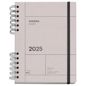 Agenda Anual 2025 Miquelrius 155x213 mm Wire O Semana Vista Gris, Cubierta Cartón Forrado, Papel Sostenible 100 g/m², Cierre Goma
