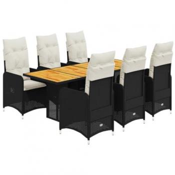 Set de mesa y sillas de jardín 7 piezas con cojines de ratán PE negro