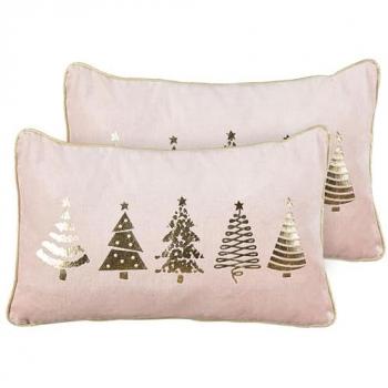 Conjunto de 2 cojines de terciopelo rosa con estampado de árboles de Navidad 30 x 50 cm, fundas extraíbles de algodón y relleno de poliéster